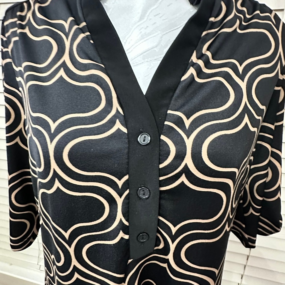 PerSeption Concept Tunic Blouse Womens Large Black Tan Geometric Roll-Tab RA184 - Picture 2 of 10